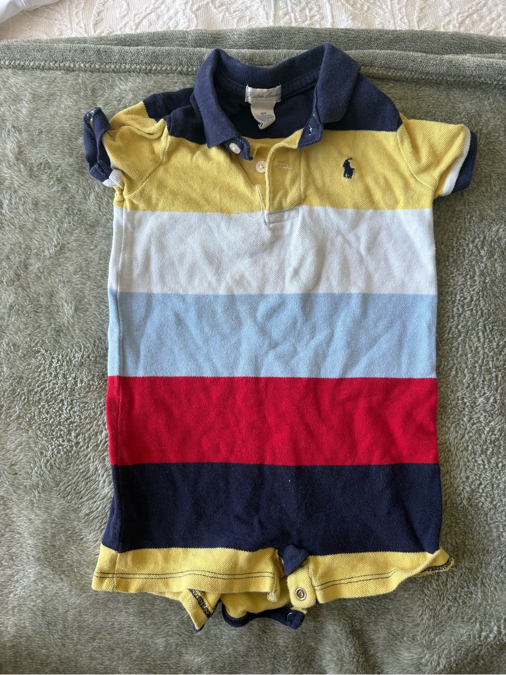 Ralph Lauren Navy and Yellow Striped Baby Polo Romper